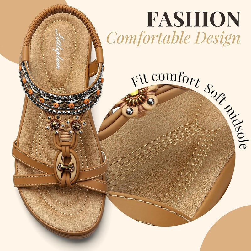 Littleplum Womens Sandals Arch Support Bohemian T-Strap Ankle Elastic Flower Rhinestone Sandals Women's Non Slip Summer Beach Flat Sandals Brown Size 8.5 - Image 5