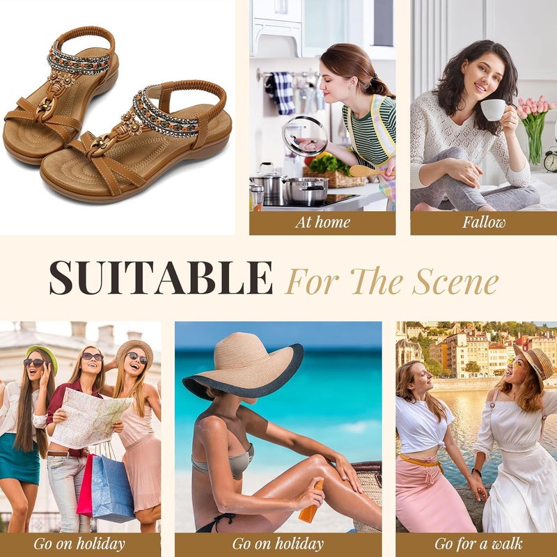 Littleplum Womens Sandals Arch Support Bohemian T-Strap Ankle Elastic Flower Rhinestone Sandals Women's Non Slip Summer Beach Flat Sandals Brown Size 8.5 - Image 2