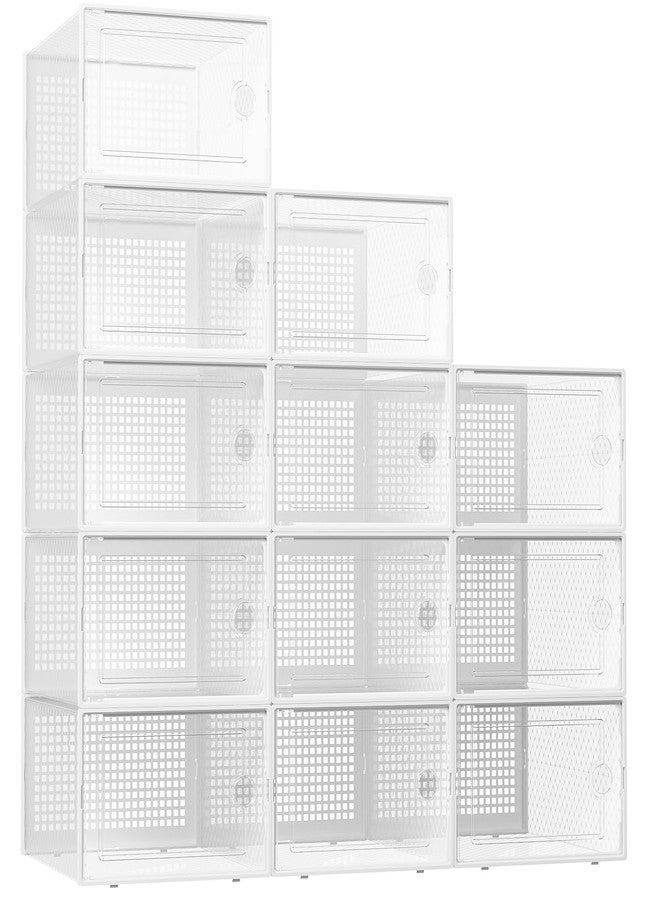 Kuject XX-Large Shoe Storage Boxes Organizers Clear Plastic Stackable 12 Pack, Shoe Rack & Holder Substitute, Sneaker Containers, Toy Storage Organizer Bins for Entryway, Closet, Under Bed, White - Image 1