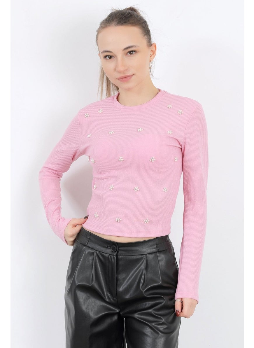 Giysa Women's Crew Neck Floral Pearl Long Sleeve Blouse Pink - 5988  - Image 3