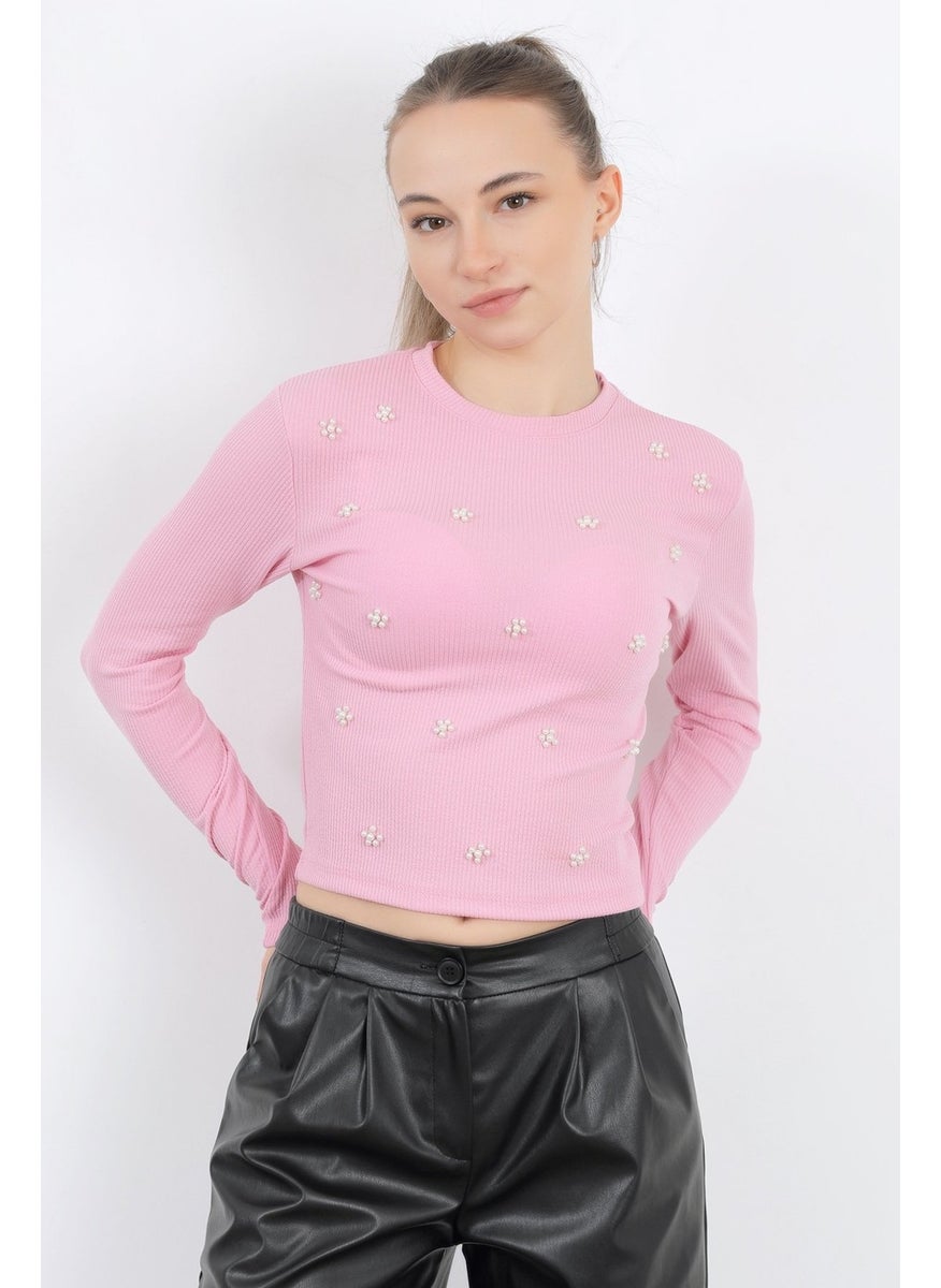 Giysa Women's Crew Neck Floral Pearl Long Sleeve Blouse Pink - 5988  - Image 5