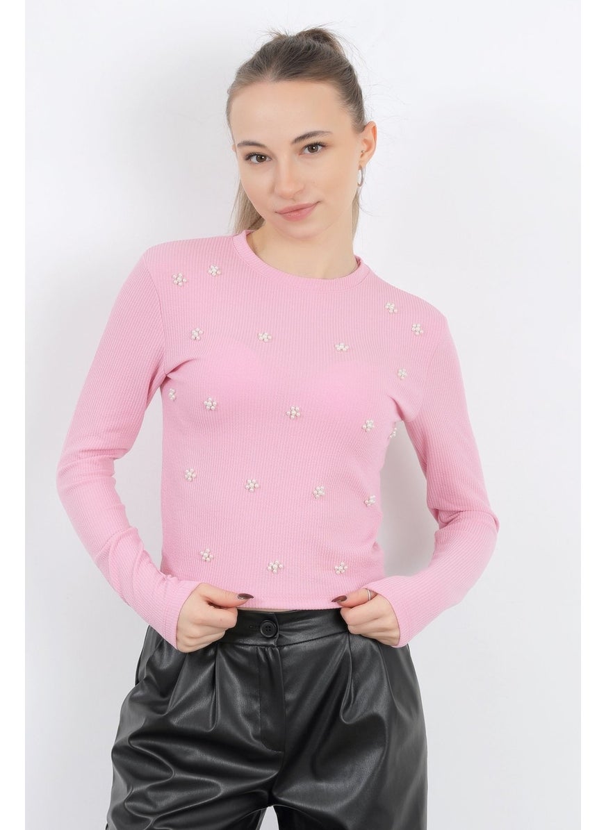 Giysa Women's Crew Neck Floral Pearl Long Sleeve Blouse Pink - 5988  - Image 1
