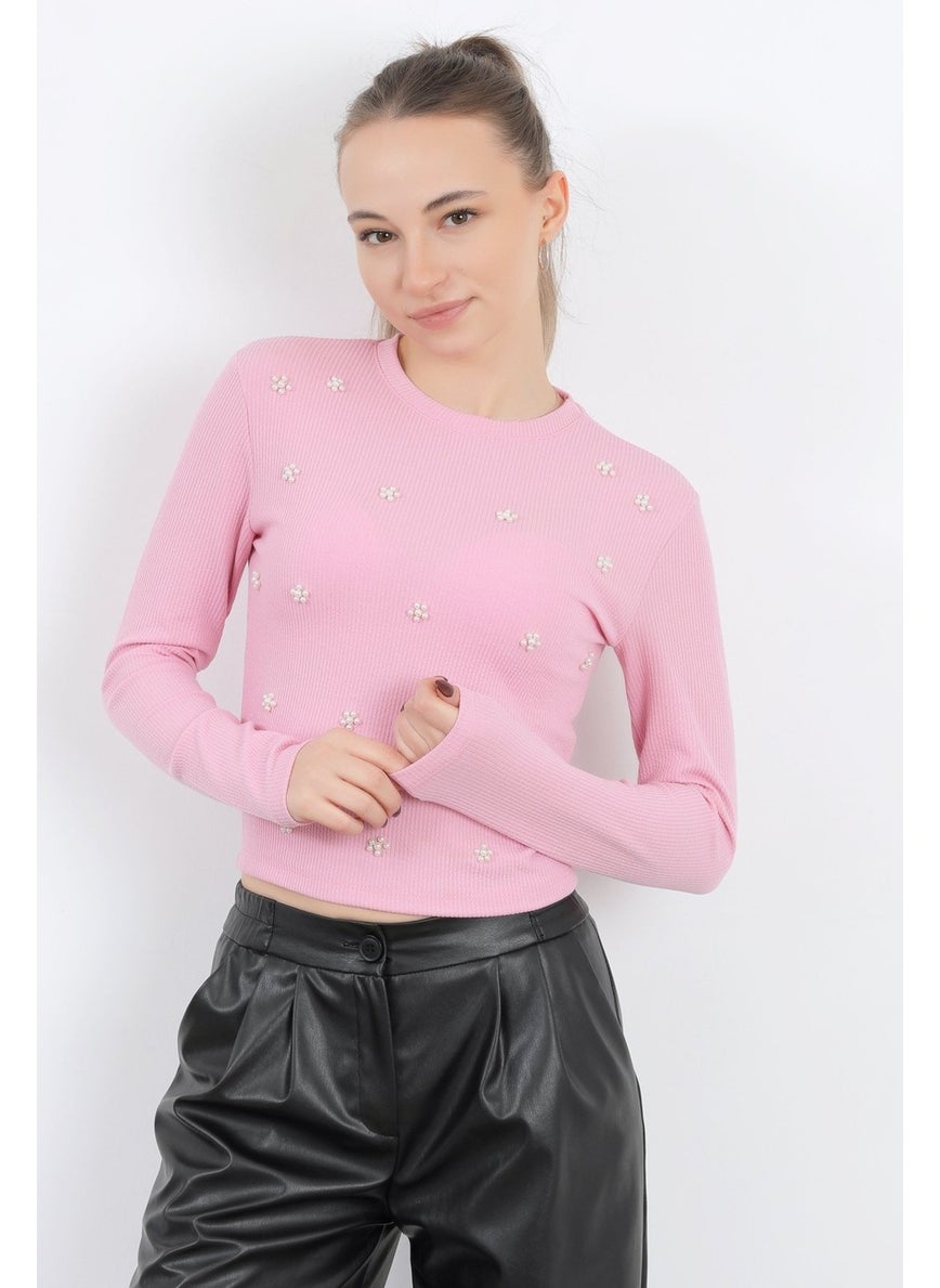 Giysa Women's Crew Neck Floral Pearl Long Sleeve Blouse Pink - 5988  - Image 2