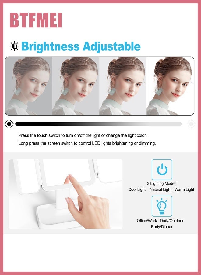 BTFMEI Tri-Fold Makeup Mirror Lights Lighted Makeup Mirror with 2x/3x Magnification,360° Rotation Portable LED Travel Vanity Mirror with 3 Light Modes and Adjustable Brightness Touch Control, Suitable for Novice Makeup Artists or Travel Essentials - Image 4