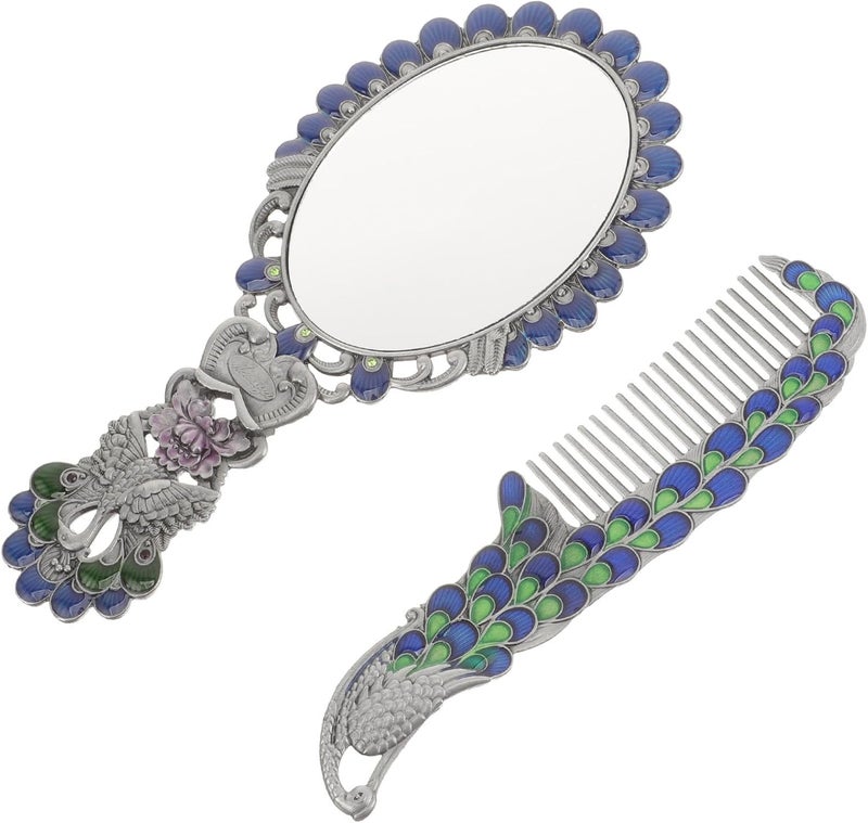 Uonlytech Vintage Handheld Peacock Pattern Folding Metal Makeup Mirror 2pcs Compact Decorative Small Mirror for Women Travel and Vanity Use - Image 1