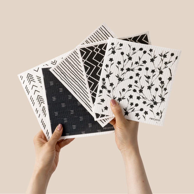 RECYCO Swedish Dishcloths for Kitchen 5 Pack Geometric Washable Dish Rags Cellulose Reusable Cleaning Paper Towels Absorbent Counter Dish Cloth Sponge Kitchen Wipes 8 L x 7 W