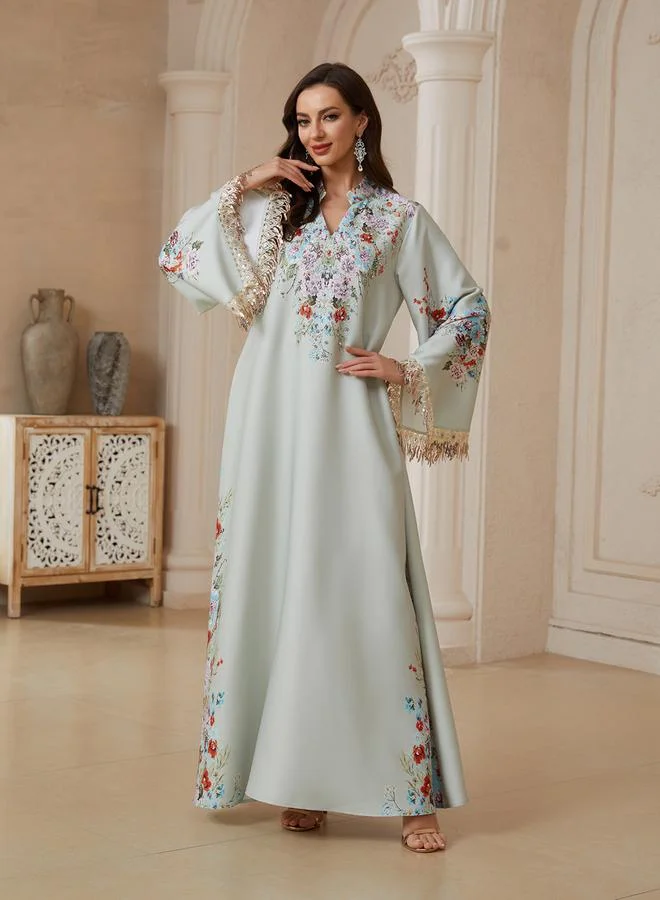 Take Two Teal Floral Maxi Jalabiya Dress with Sequin Sleeves