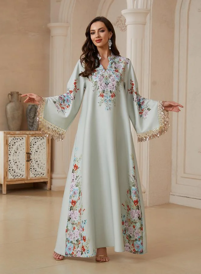 Take Two Teal Floral Maxi Jalabiya Dress with Sequin Sleeves