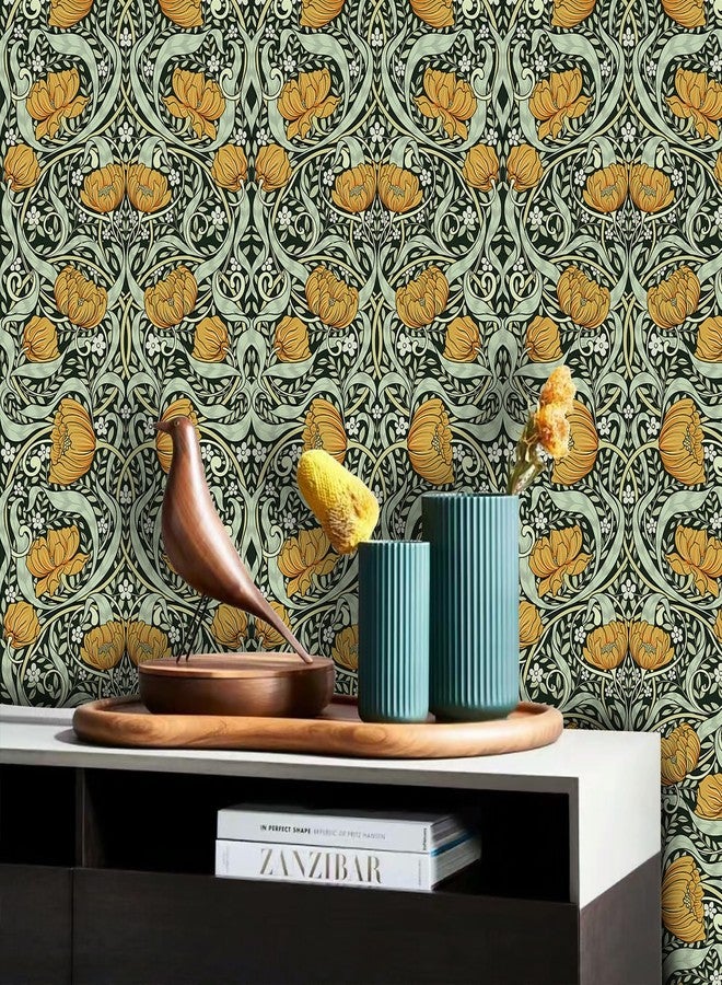 Abyssaly William Morris Peel and Stick Wallpaper, Mid Century Modern Floral Wallpaper for Walls Murals, Vintage Green/Yellow Contact Paper Home Kitchen Bedroom Decor 17.7in x 9.8ft - Image 2
