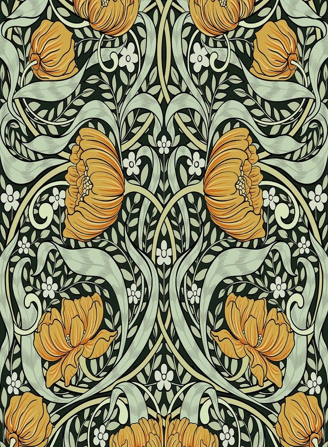 Abyssaly William Morris Peel and Stick Wallpaper, Mid Century Modern Floral Wallpaper for Walls Murals, Vintage Green/Yellow Contact Paper Home Kitchen Bedroom Decor 17.7in x 9.8ft - Image 1