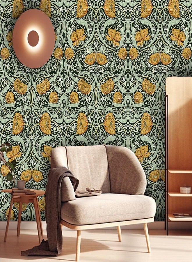 Abyssaly William Morris Peel and Stick Wallpaper, Mid Century Modern Floral Wallpaper for Walls Murals, Vintage Green/Yellow Contact Paper Home Kitchen Bedroom Decor 17.7in x 9.8ft - Image 3