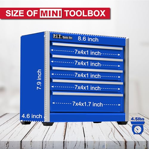PIT P.I.T. Mini Blue Tool Box, Portable 5-Drawer Micro Roll Cab Steel Stackable Tool Box with Liner, Blue Small Tool Case for Tools Storage and Organizers, Home DIY - Image 2
