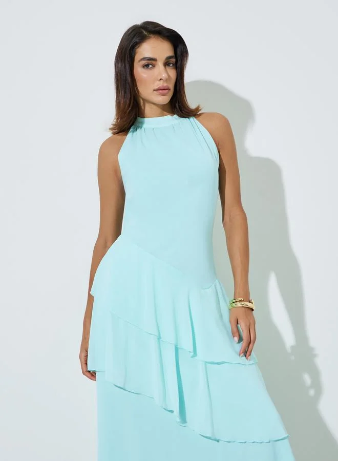 ستايلي Aqua Sleeveless Ruched A-Line Maxi Dress