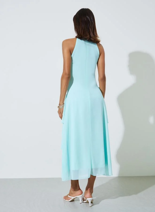 Styli sky blue Aqua Sleeveless Ruched A-Line Maxi Dress for Women | Best Price UAE