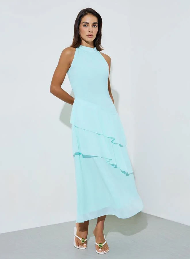 ستايلي Aqua Sleeveless Ruched A-Line Maxi Dress