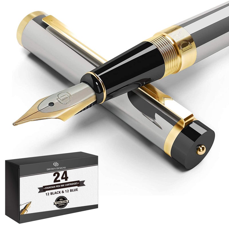 Dryden Designs Fountain Pen Medium Nib Gift Pouch - with 24 Ink Cartridges - MCM (Metallic Silver) - Image 1