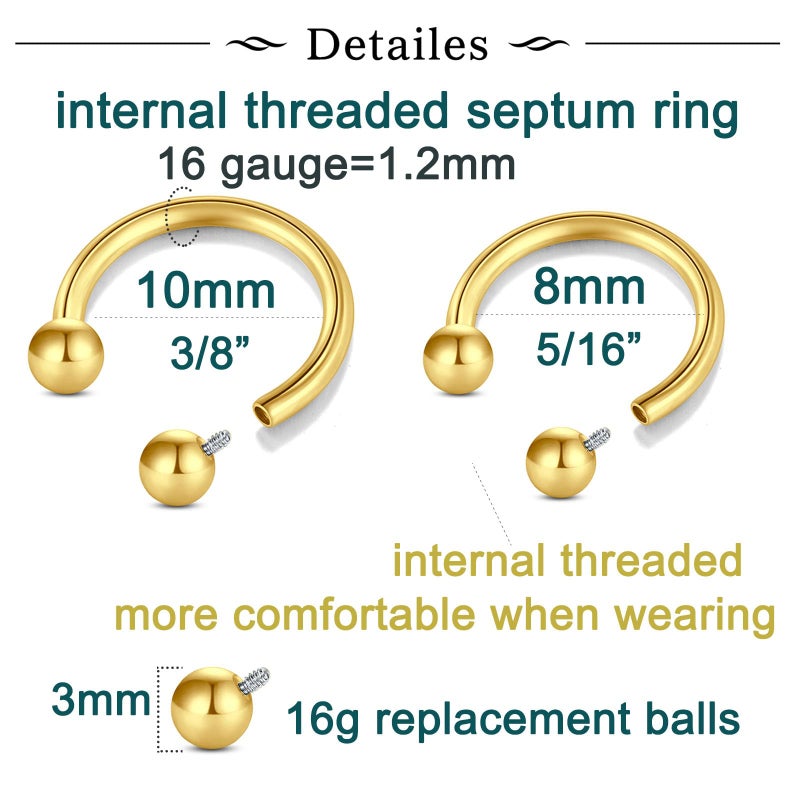 Longita Gold Septum Ring Internally Threaded Septum Rings 16g Septum Piercing Surgical Steel Septum Jewelry Septum Nose Rings 16 gauge Small Septum Ring 8mm 10mm Horseshoe with Replacement Balls - Image 2