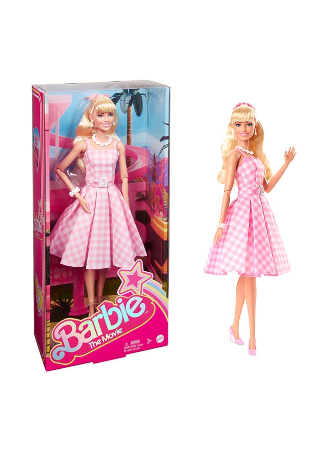 Barbie The Movie Doll, Margot Robbie as Barbie, Collectible Doll Wearing Pink and White Gingham Dress with Daisy Chain Necklace  - Image 1