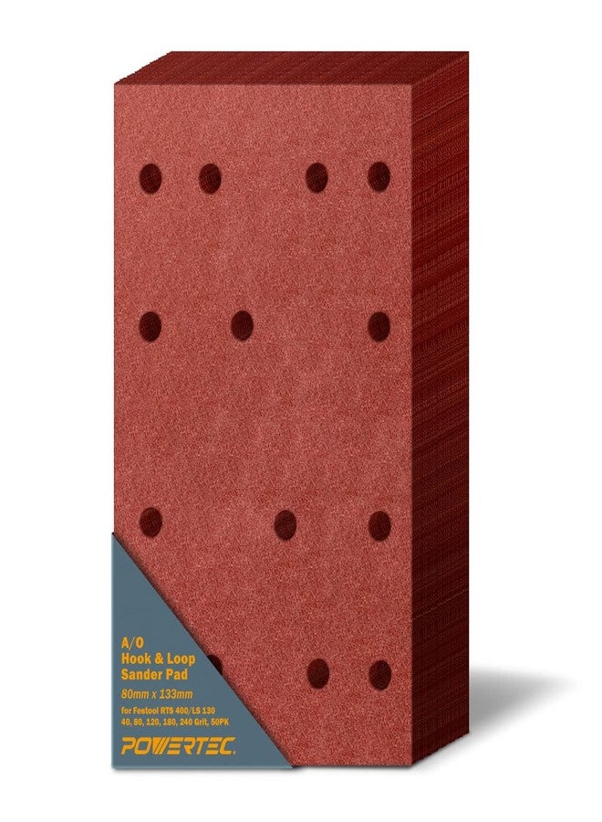باورتيك 4R13500، عبوة من 50 قطعة، 80 مم × 133 مم، وسادات صنفرة خطافية وحلقة A/O | 40، 80، 120، 180، 240، حبيبات متنوعة، بديلة لماكينة فيستول RTS 400، لون أحمر - Image 1