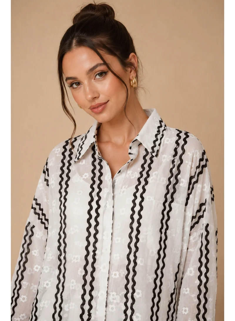 2Trendy Women's Printed Long Sleeve Blouse - White/Black