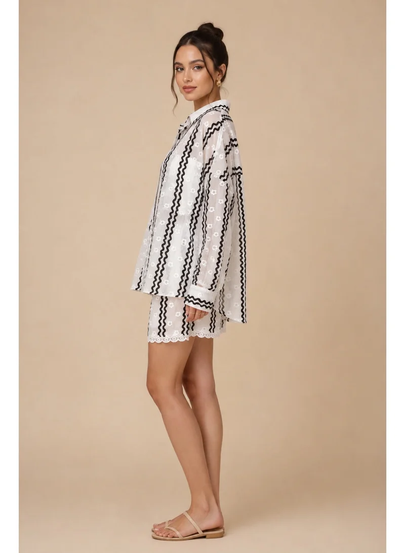 2Trendy Women's Printed Long Sleeve Blouse - White/Black