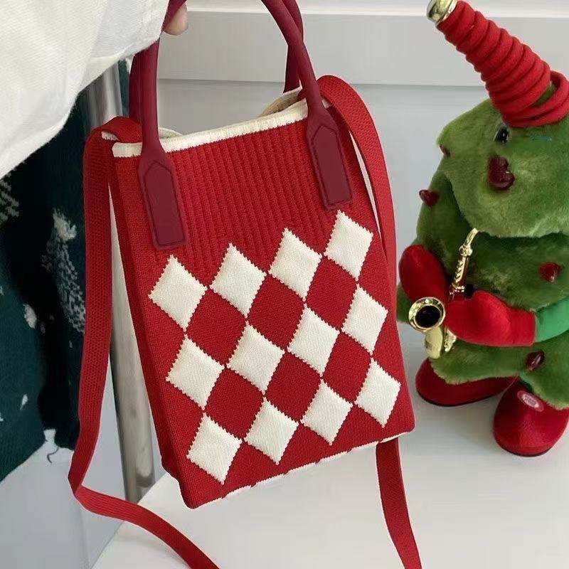 Super Cute Color Contrast Hand Bag Student Korean Mini Knitted Mobile Phone Bag Checkerboard Wave Crossbody Bag Small Bag - Image 1