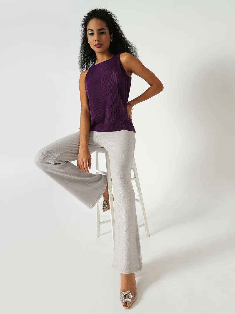 globus Women Round Neck Sleeveless Accordion Pleats Party Top