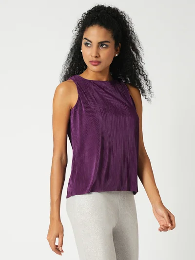 جلو باص Women Round Neck Sleeveless Accordion Pleats Party Top