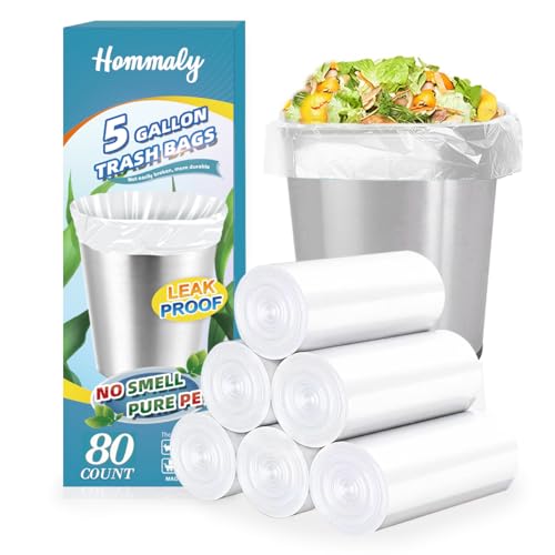 HOMMALY 5 Gallon 80pcs (Fit 4.5-5.3 Gal) Small Clear Trash Bags Strong Garbage Bags, 18-20 Liter Bathroom Trash Can Bin Liners, Unscented Plastic Bags for Office, Waste Basket Liner, 4.5,5Gal-Clear - Image 1