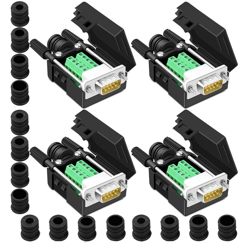 ANMBEST 4PCS DB9 Male Breakout Connector,DB9 Solderless RS232 D-SUB Serial to 9-pin Port Terminal Adapter Connector Breakout Board with Case Long Bolts Tail Pipe - Image 1
