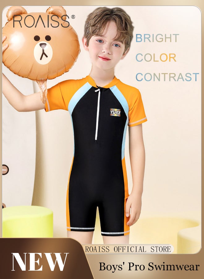 roaiss Professional Training One Piece Swimsuit for Kids Fashion Short Sleeve Zipper Sun Protection Quick Drying Swimming Set Childrens Crew Neck Comfortable Elasticity Breathable Swimwear - Image 1