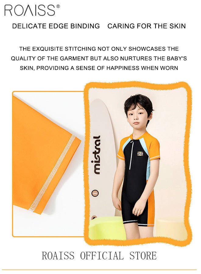 roaiss Professional Training One Piece Swimsuit for Kids Fashion Short Sleeve Zipper Sun Protection Quick Drying Swimming Set Childrens Crew Neck Comfortable Elasticity Breathable Swimwear - Image 2