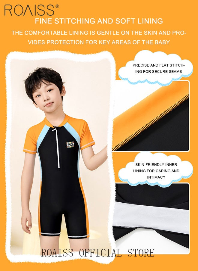 roaiss Professional Training One Piece Swimsuit for Kids Fashion Short Sleeve Zipper Sun Protection Quick Drying Swimming Set Childrens Crew Neck Comfortable Elasticity Breathable Swimwear - Image 3