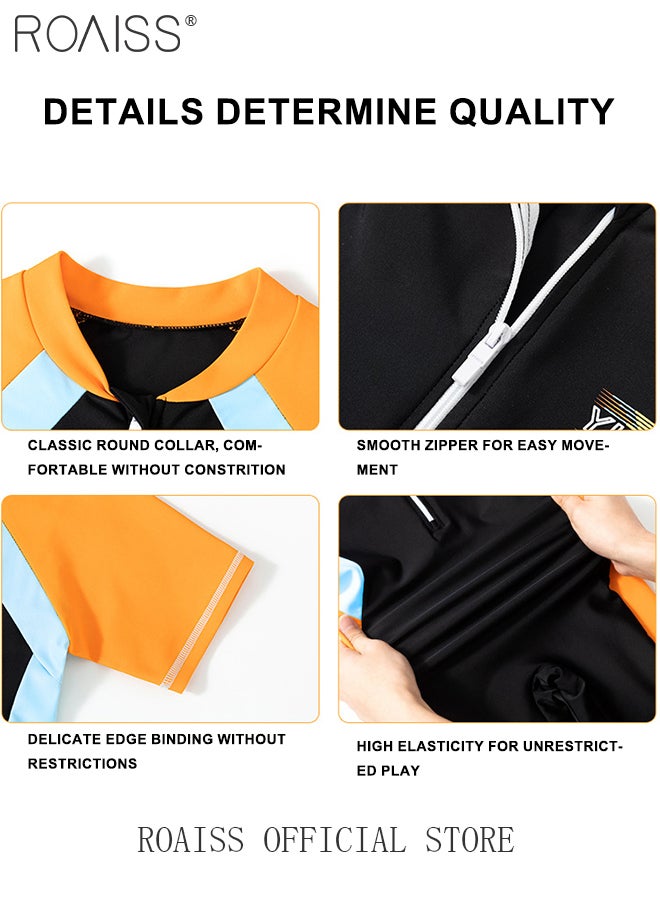 roaiss Professional Training One Piece Swimsuit for Kids Fashion Short Sleeve Zipper Sun Protection Quick Drying Swimming Set Childrens Crew Neck Comfortable Elasticity Breathable Swimwear - Image 5