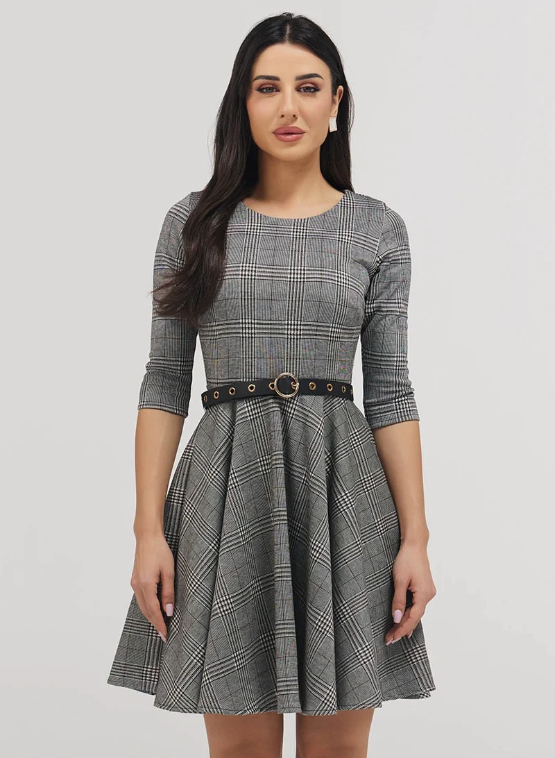 Zigzag Scoop Neck Gingham Skater Grey Dress