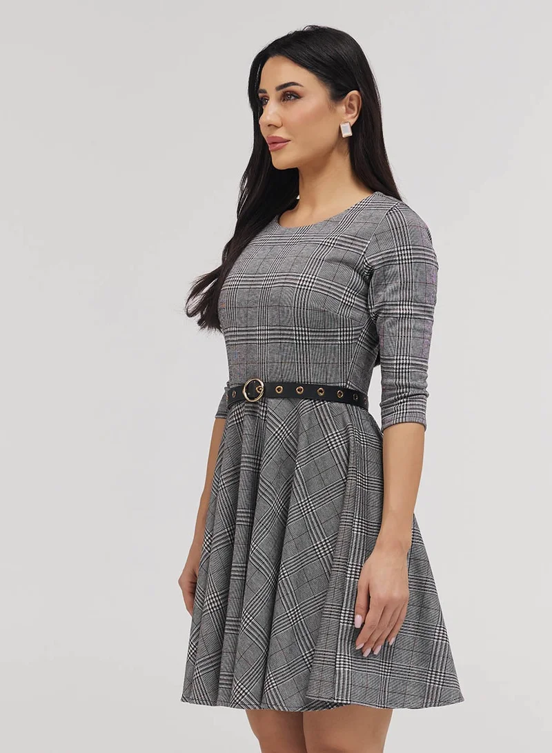 Zigzag Scoop Neck Gingham Skater Grey Dress