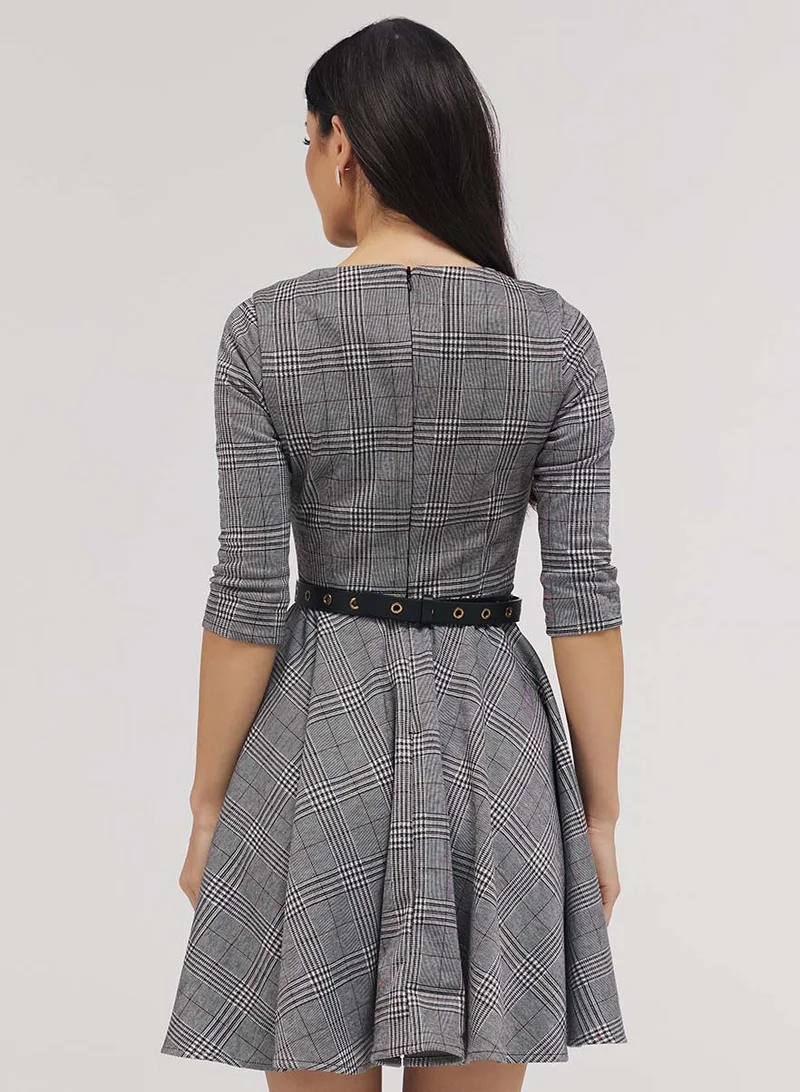 Zigzag Scoop Neck Gingham Skater Grey Dress
