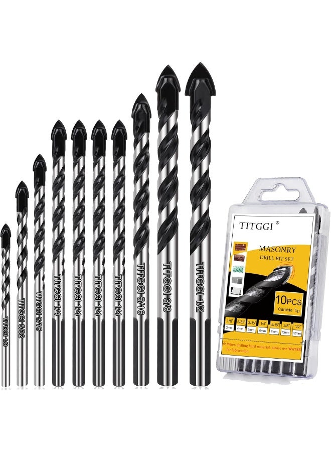 TITGGI Professional Masonry Drill Bit Set (10PCS) for Glass/Brick/Plastic/Cement/Wood/Tile/Etc, Industrial Strength Carbide Drill Bit Tip, 1/8"-1/2"  - Image 1