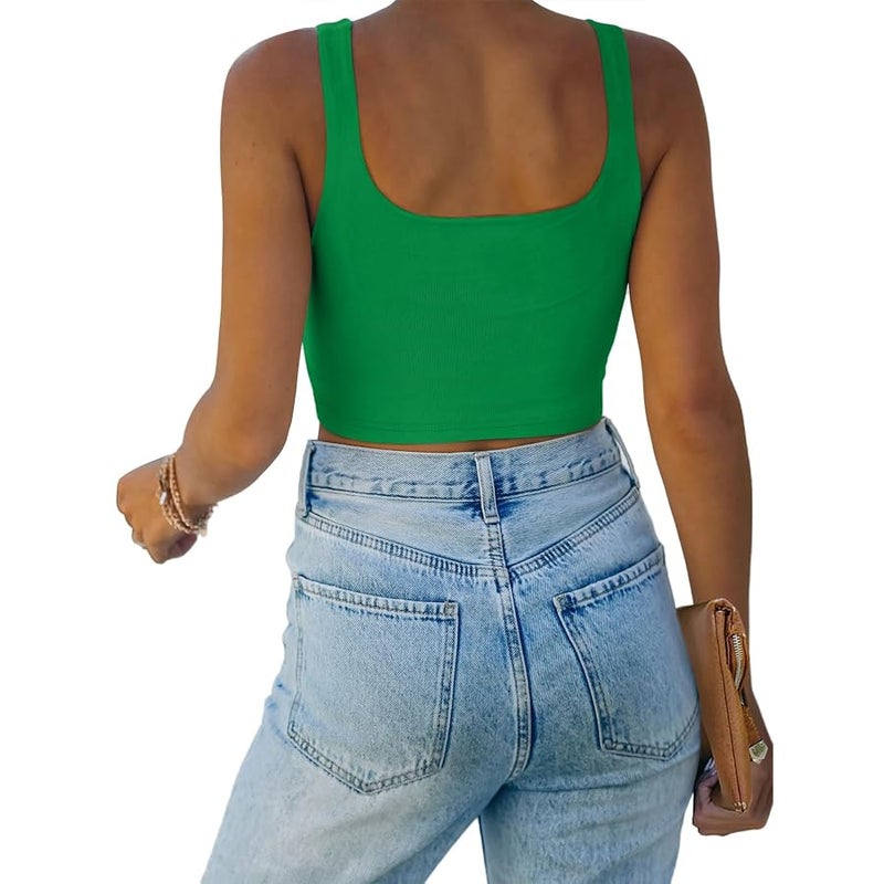 REORIA Women’s Sexy Square Neck Double Lined Seamless Sleeveless Cropped Tank Yoga Crop Basic Tops - Image 2