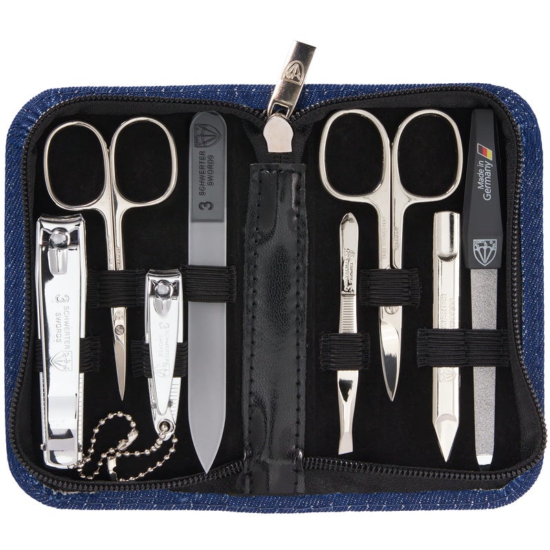 3 Swords Germany - brand quality 8 piece manicure pedicure grooming kit set textil case jeans blue - Made in Germany - Image 1