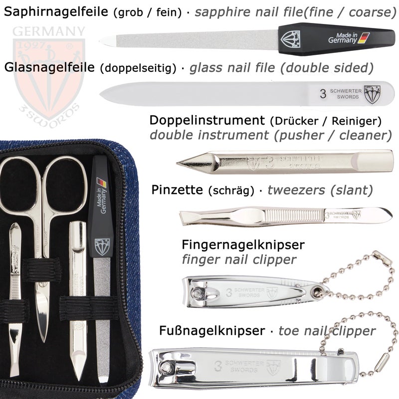 3 Swords Germany - brand quality 8 piece manicure pedicure grooming kit set textil case jeans blue - Made in Germany - Image 3