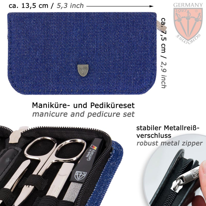 3 Swords Germany - brand quality 8 piece manicure pedicure grooming kit set textil case jeans blue - Made in Germany - Image 4