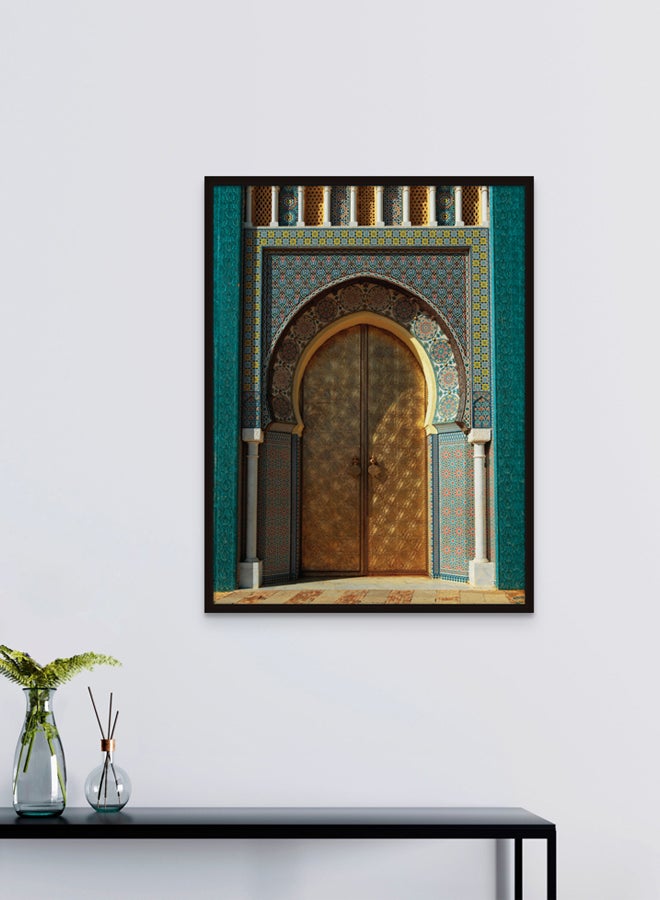 آرت دیکور  ديكور فني ممر مغربي مع باب ذهبي مزخرف باب إسلامي معماري جداري فن مؤطر للفنون الجميلة تصميم تقليدي لغرفة المعيشة وغرفة النوم والمكتب ديكور المنزل هدية  - Image 1