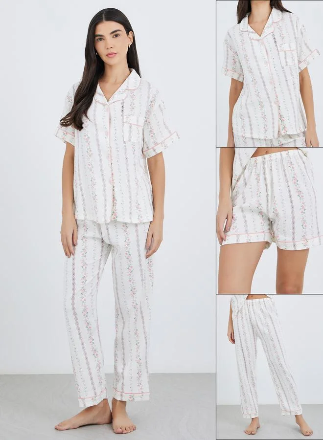 Take Two Take Two Pack of 3 - Floral Print Cotton Shirt, Pants and Shorts