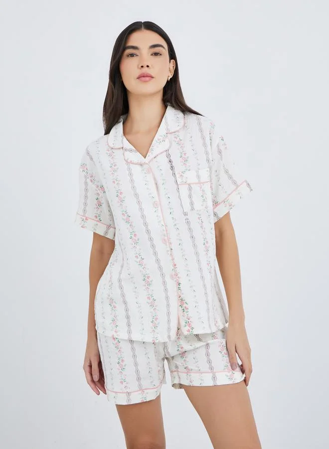 Styli Styli Pack of 3 - Floral Print Cotton Shirt, Pants and Shorts