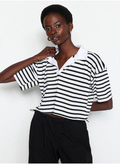 trendyol Black Striped Relaxed/Wide, relaxed fit Crop Polo Neck Knitted T-Shirt TWOSS23TS00026  - Image 1