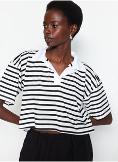 trendyol Black Striped Relaxed/Wide, relaxed fit Crop Polo Neck Knitted T-Shirt TWOSS23TS00026  - Image 2