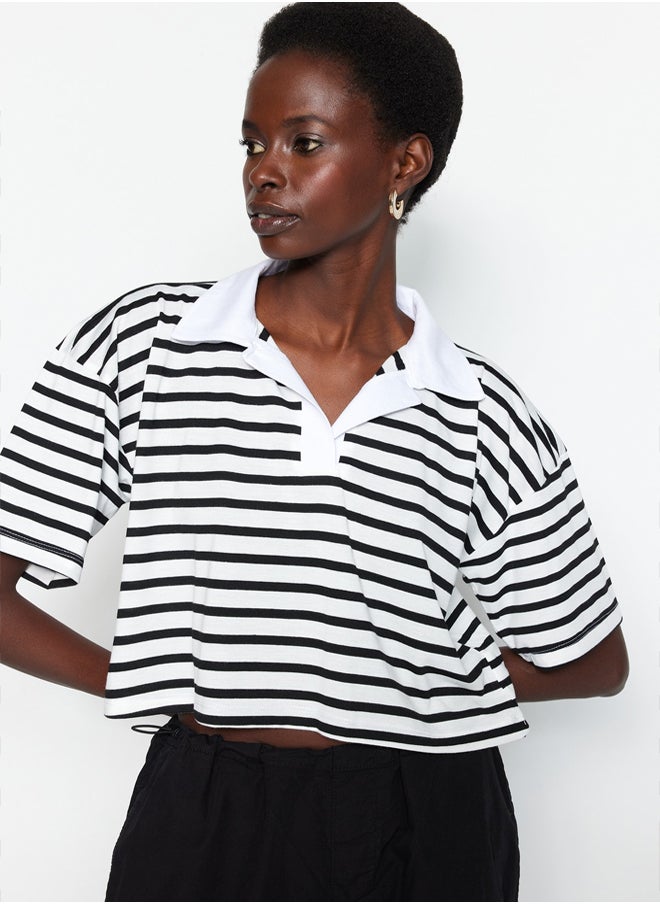 trendyol Black Striped Relaxed/Wide, relaxed fit Crop Polo Neck Knitted T-Shirt TWOSS23TS00026  - Image 2