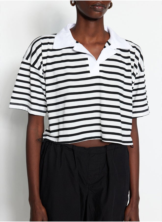 trendyol Black Striped Relaxed/Wide, relaxed fit Crop Polo Neck Knitted T-Shirt TWOSS23TS00026  - Image 4