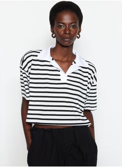 trendyol Black Striped Relaxed/Wide, relaxed fit Crop Polo Neck Knitted T-Shirt TWOSS23TS00026  - Image 3